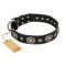 "Black Tie" FDT Artisan Leather Riesenschnauzer Collar with Old Silver-like Decorations