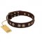 "Woofy Art" FDT Artisan Brown Leather Riesenschnauzer Collar Adorned with Old Bronze-like Studs