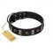 "Pirates' Symbol" Fashionable FDT Artisan Black Leather Riesenschnauzer Collar with Silver-Like Plates and Gold-Like Skulls
