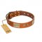 "Ancient Treasures" FDT Artisan Tan Leather Riesenschnauzer Collar with Antiqued Plates and Studs