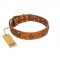 "Rockstar" FDT Artisan Tan Leather Riesenschnauzer Collar with Engraved Studs and Medallions
