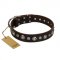"Gorgeous Shields" FDT Artisan Brown Leather Riesenschnauzer Collar with Old Silver-like Circles and Small Camomiles