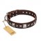 "Perfect Impression" FDT Artisan Brown Leather Riesenschnauzer Collar with Silvery Square Studs