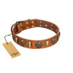 "Strike of Rock" FDT Artisan Tan Leather Riesenschnauzer Collar with Plates and Medallions with Skulls