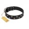 "Power-Flower" FDT Artisan Black Leather Riesenschnauzer Collar with Two Rows of Silver-like Studs with Engraved Flowers