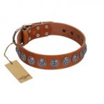 "Velvet Kiss" Handmade FDT Artisan Tan Leather Riesenschnauzer Collar with Vintage Medallions