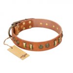 "Natural Beauty" FDT Artisan Tan Leather Riesenschnauzer Collar with Old Bronze-like Circles and Plates