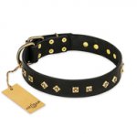 "Rhomb Style" FDT Artisan Decorated Leather Riesenschnauzer Collar with Old Bronze-Plated Studs 1 1/2 inch (40 mm) Wide