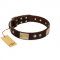 "Middle Age" FDT Artisan Brown Leather Riesenschnauzer Collar with Old Bronze-Plated Engraved Flowers and Large Plates