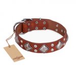 "Magic Squares" FDT Artisan Tan Leather Riesenschnauzer Collar with Silver-like Decor