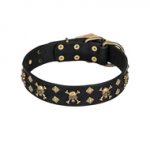 "Jolly Rojer" FDT Artisan Leather Riesenschnauzer Collar with Pirate Skulls and Studs - 1 1/2 inch (40 mm) wide
