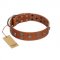 "Road Rider" FDT Artisan Tan Leather Riesenschnauzer Collar with Old Silver-like Skulls and Medallions