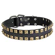 2 Rows Brass Studded Leather Riesenschnauzer Collar for Walking and Training