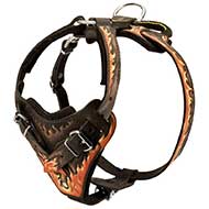 Handpainted in Flames Leather Riesenschnauzer Harness for Agitation Training