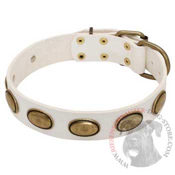 White Leather Riesenschnauzer Collar with Vintage Oval Plates