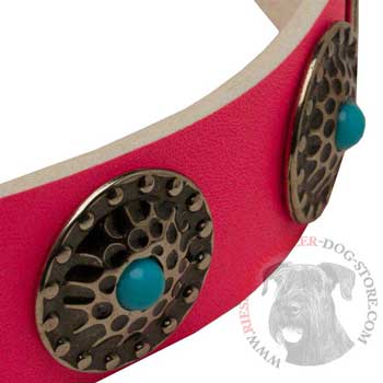Pink Riesenschnauzer Collar Leather with Blue Stones