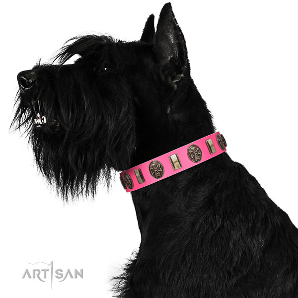 Reliable D-ring on leather dog collar for comfortable wearing