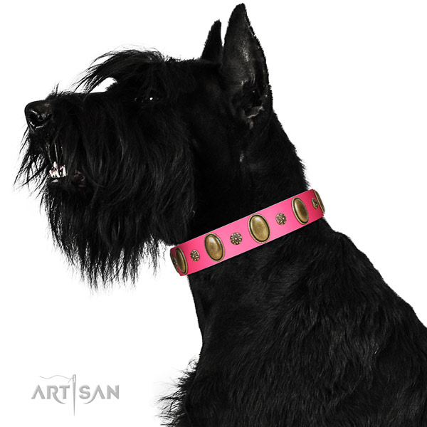 Durable full grain genuine leather dog collar with reliable hardware