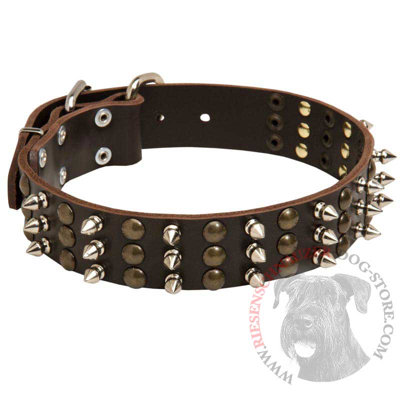 Riesenschnauzer Spikes and Studs Rows Leather Dog Collar