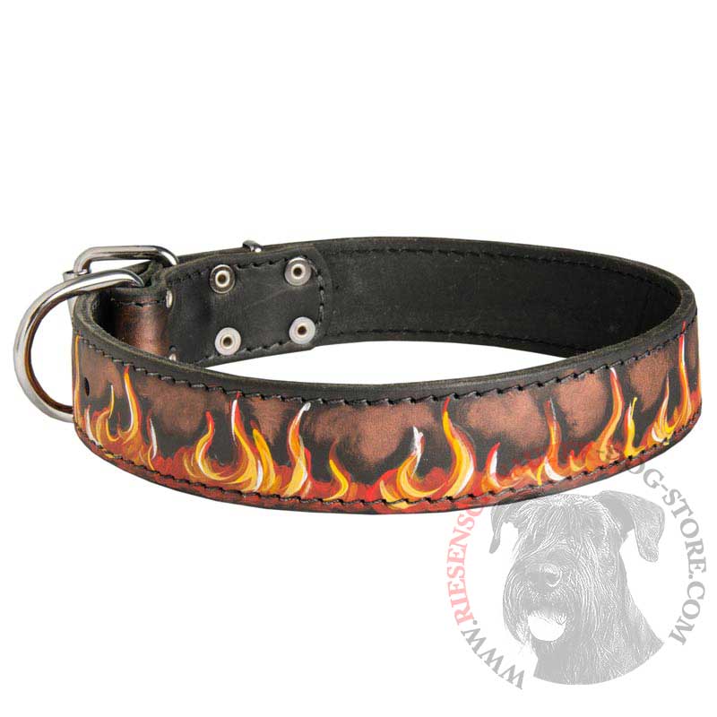 Handpainted Leather Riesenschnauzer Collar with Red Flames