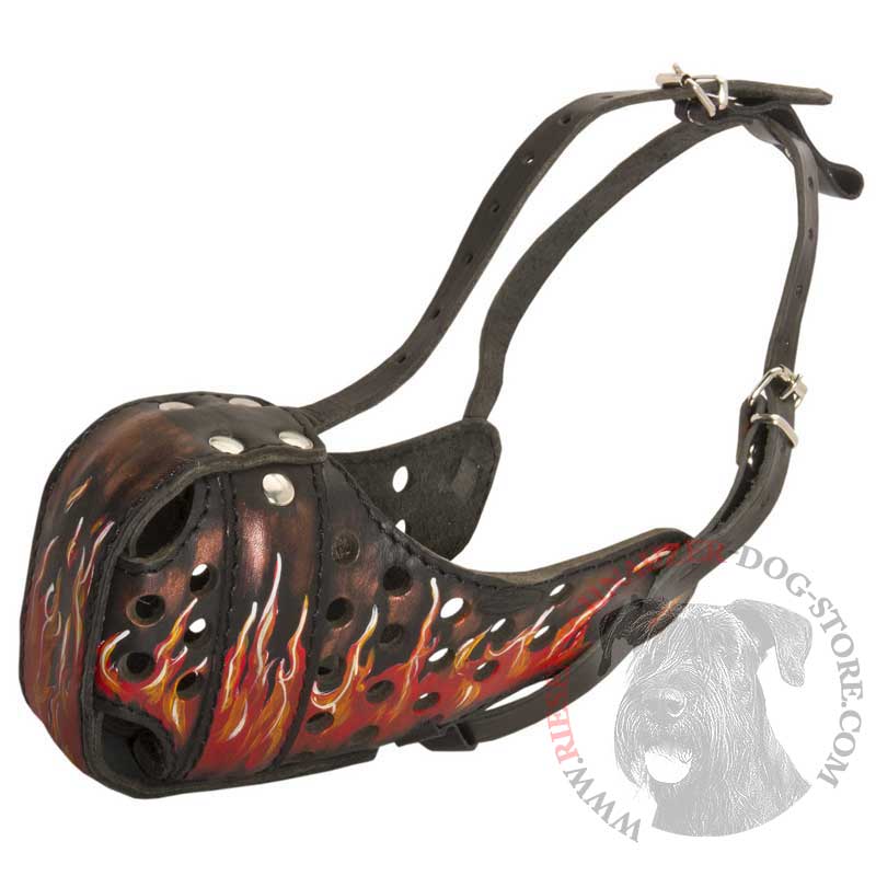 Burning Fire Hand Painted Leather Riesenschnauzer Muzzle for Attack Training