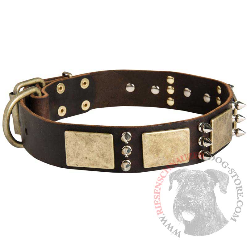 Designer War-Style Leather Riesenschnauzer Collar with Spikes and Plates