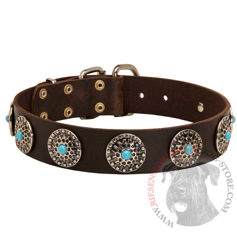 Leather Riesenschnauzer Collar with Blue Stones for Stylish Walking