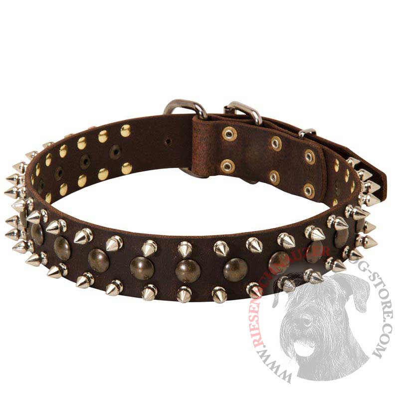 3 Rows Leather Spiked and Studded Riesenschnauzer Collar