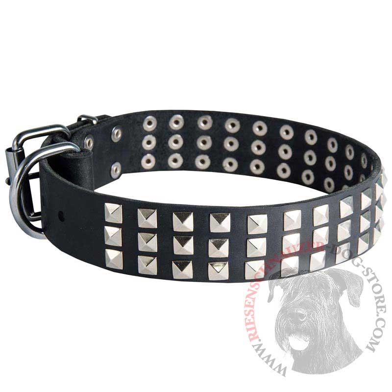 Leather Riesenschnauzer Collar with 3 Rows of Nickel Pyramids