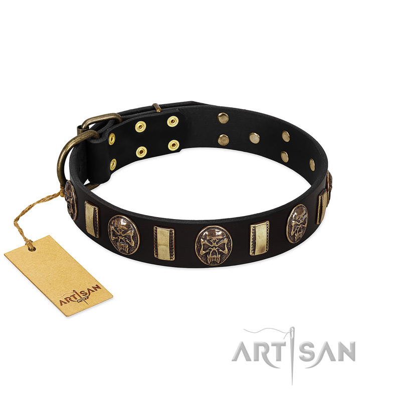 "Sea Romance" FDT Artisan Black Leather Riesenschnauzer Collar with Plates and Skulls