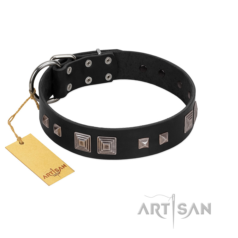 "Foregone Riches" FDT Artisan Black Leather Riesenschnauzer Collar with Old Silver-like Square Studs and Pyramids