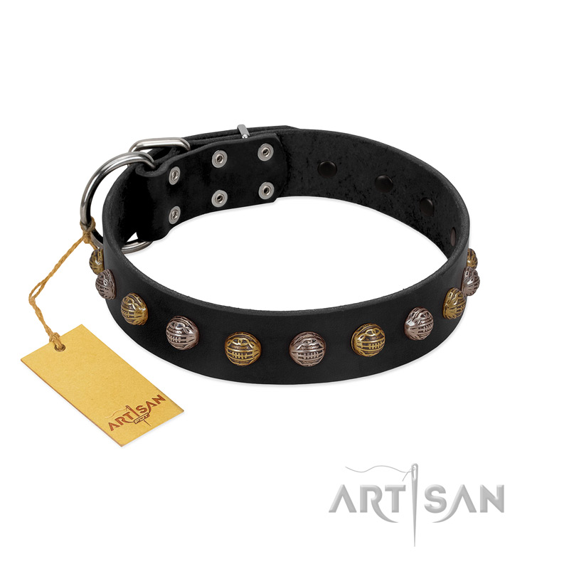 "Inky Prettification" FDT Artisan Black Leather Riesenschnauzer Collar with One Row of Studs