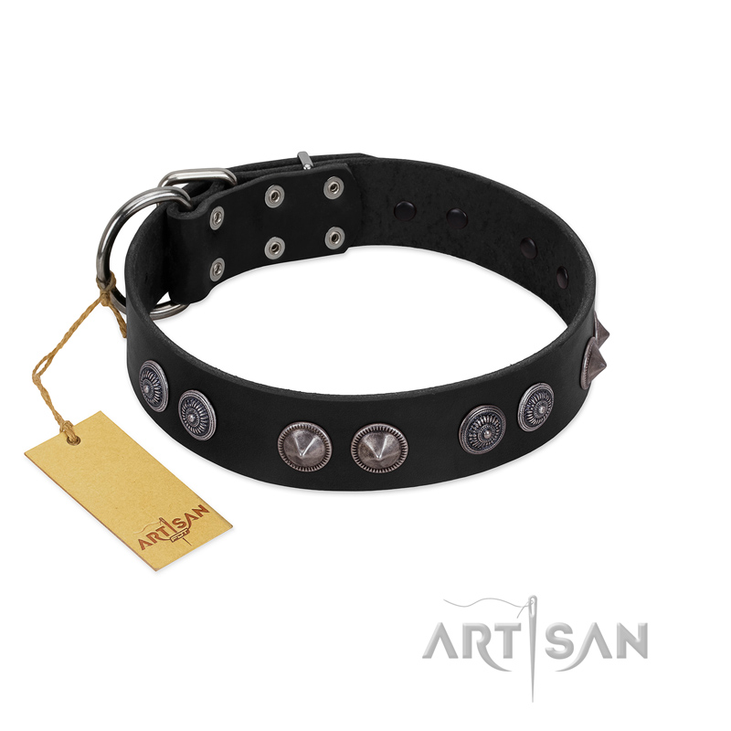 "Silver Medallions" Mod FDT Artisan Black Leather Riesenschnauzer Collar with Round Plates