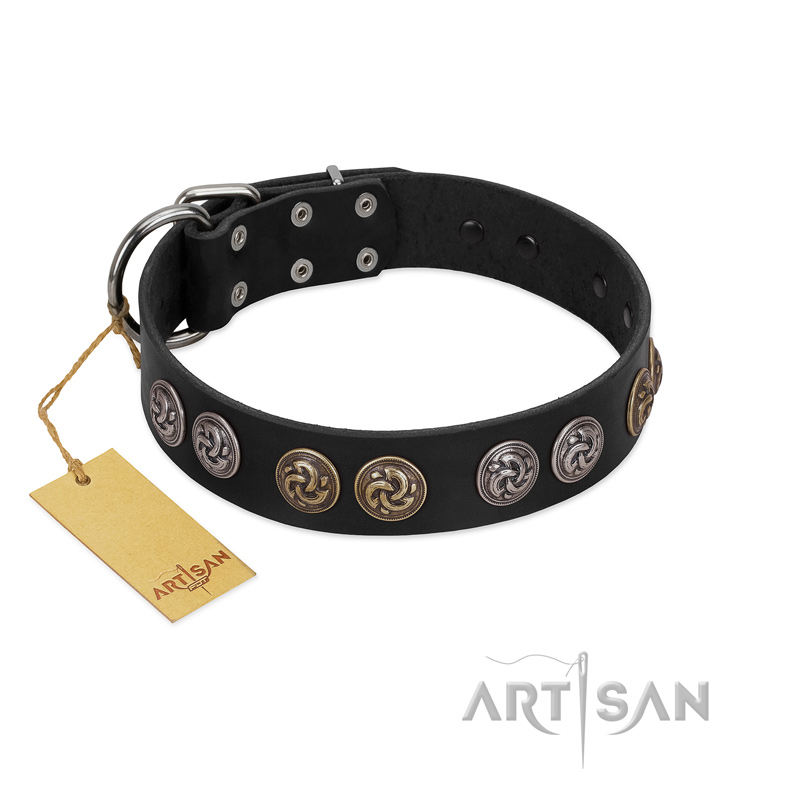 "Mister Exclusive" Designer FDT Artisan Black Leather Riesenschnauzer Collar with Medallions