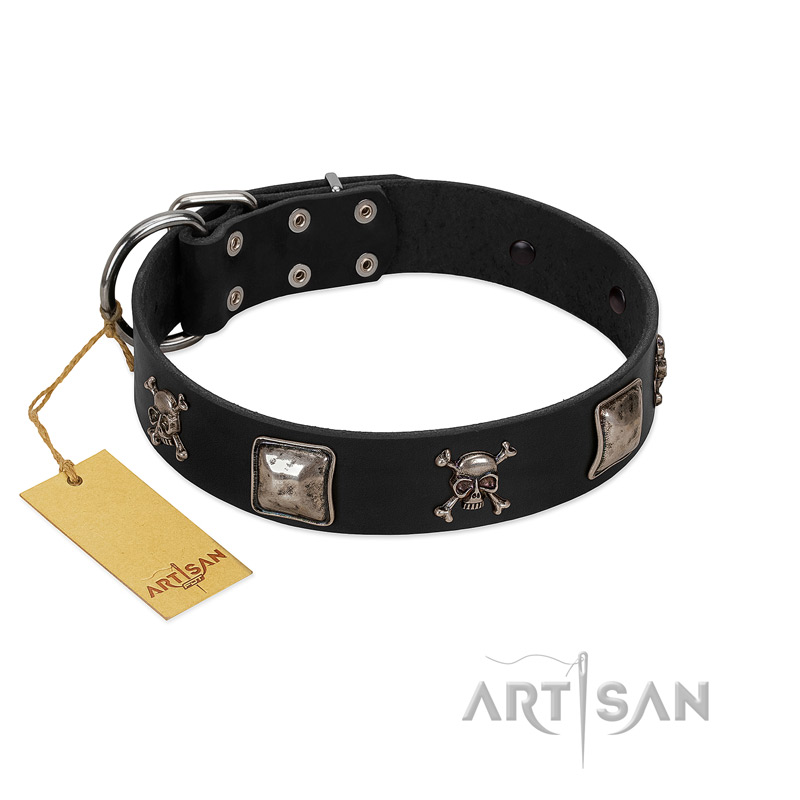 "Sea Rover" Embellished FDT Artisan Black Leather Riesenschnauzer Collar with Chrome Plated Crossbones and Plates