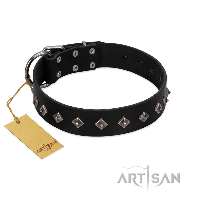 "Immense Power" Handcrafted FDT Artisan Black Leather Riesenschnauzer Collar with Small Dotted Pyramids