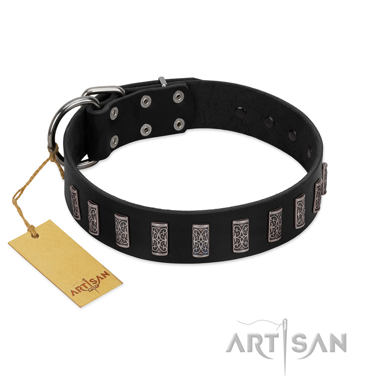 "Black Prince" Handmade FDT Artisan Black Leather Riesenschnauzer Collar with Silver-Like Adornments