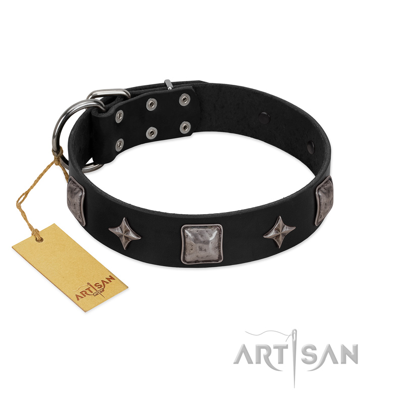 "Black Cavalier" Handmade FDT Artisan Black Leather Riesenschnauzer Collar with Silver-Like Stars and Large Plates