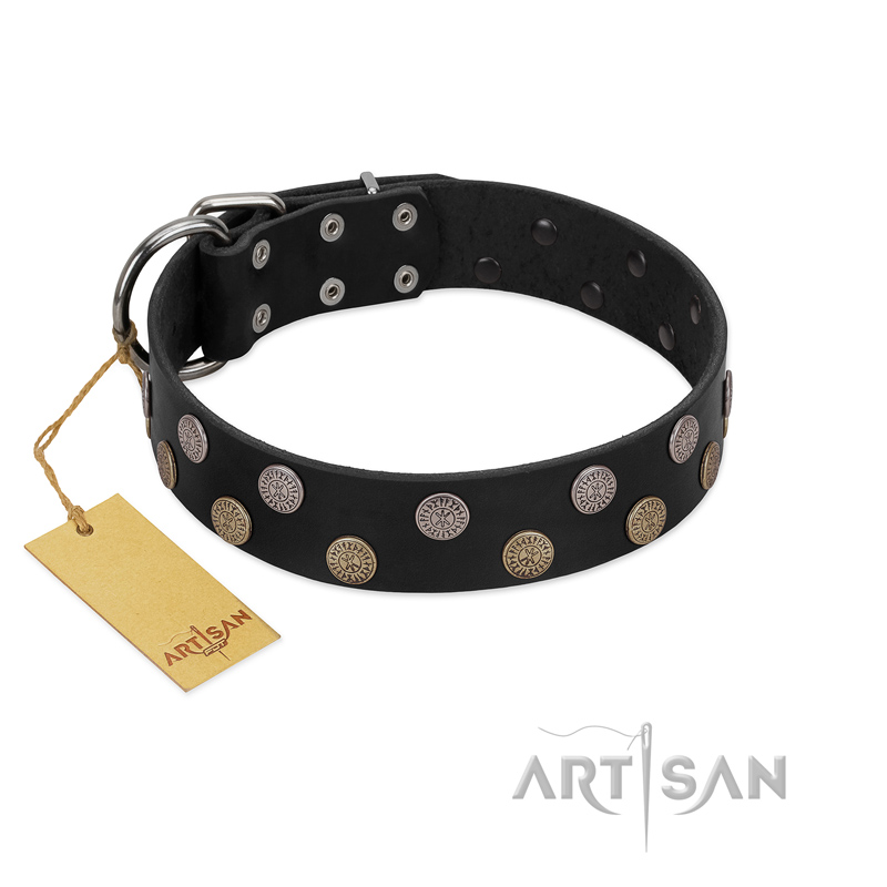 "Egyptian Style" Handcrafted FDT Artisan Black Leather Riesenschnauzer Collar with Medallions
