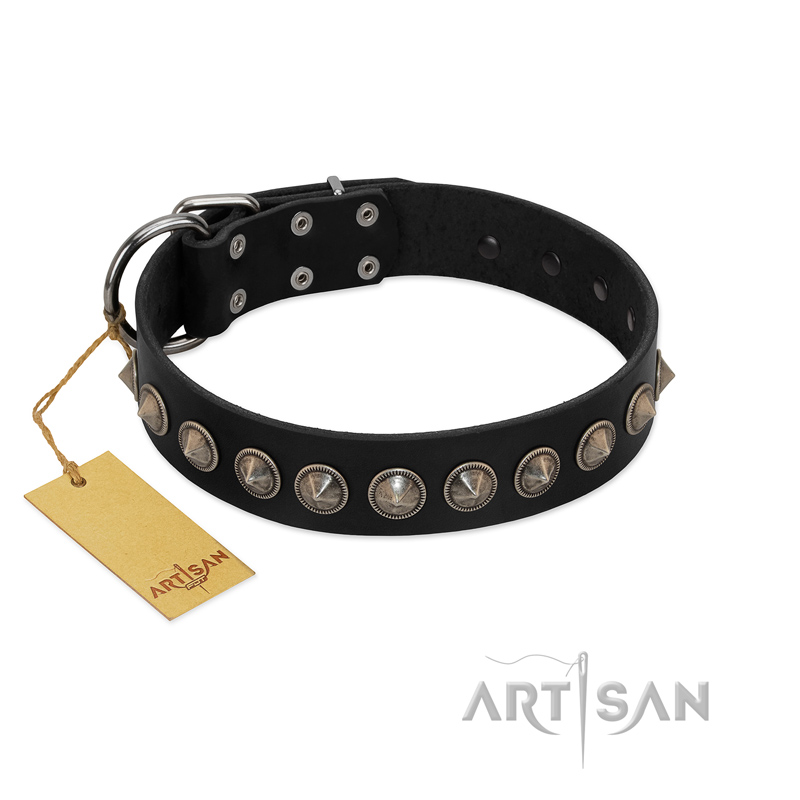 "Black Eagle" Handcrafted FDT Artisan Black Leather Riesenschnauzer Collar with Silver-Like Adornments