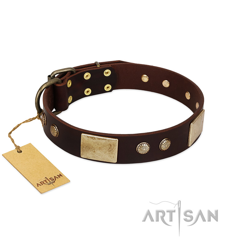 "Middle Age" FDT Artisan Brown Leather Riesenschnauzer Collar with Old Bronze-Plated Engraved Flowers and Large Plates