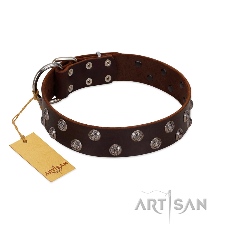 "Blossom Jewel" FDT Artisan Brown Leather Riesenschnauzer Collar with Two Rows of Silver-like Studs with Engraved Flowers