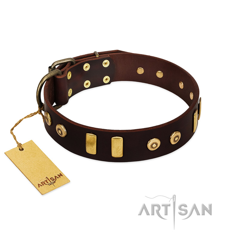 "Lord of Dogs" FDT Artisan Brown Leather Riesenschnauzer Collar with Old Bronze-like Dotted Studs and Tiles