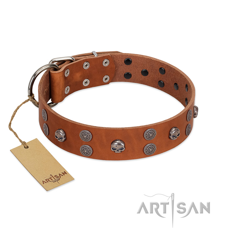 "Road Rider" FDT Artisan Tan Leather Riesenschnauzer Collar with Old Silver-like Skulls and Medallions