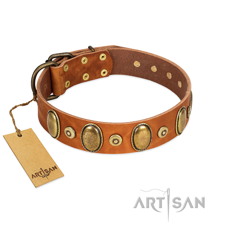 "Crystal Sand" FDT Artisan Tan Leather Riesenschnauzer Collar with Vintage Looking Oval and Round Studs