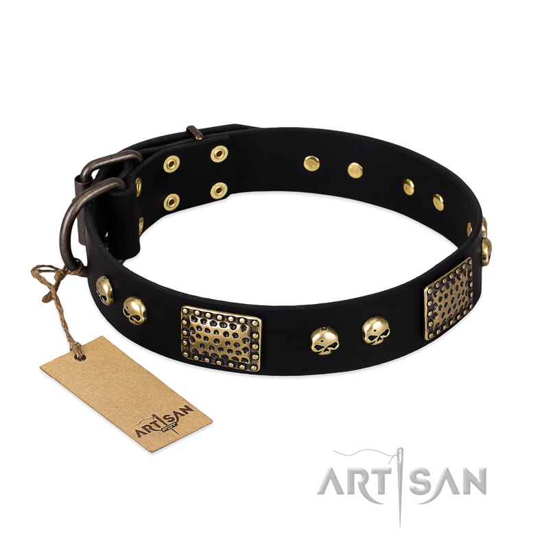 "Biker Style" FDT Artisan Black Leather Riesenschnauzer Collar with Old Bronze Look Plates and Skulls