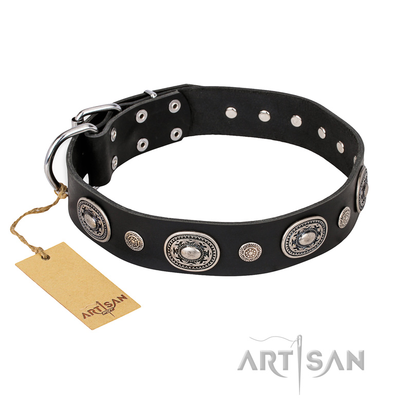 "Black Tie" FDT Artisan Leather Riesenschnauzer Collar with Old Silver-like Decorations