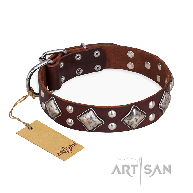 "King of Grace" FDT Artisan Stylish Leather Riesenschnauzer Collar with Old Silver-Like Plated Decorations