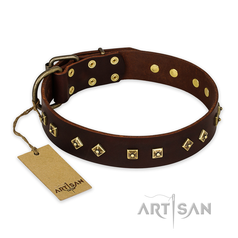 "Fashion Studs" FDT Artisan Decorated Leather Riesenschnauzer Collar with Old Bronze-Plated Steel Hardware