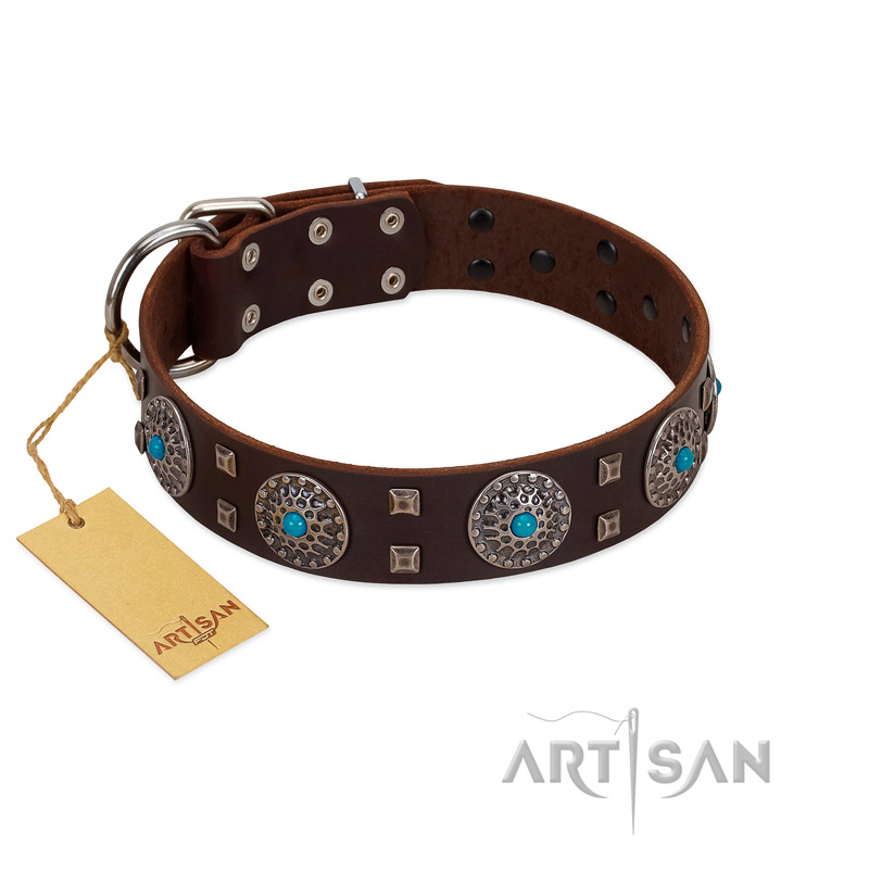 "Hypnotic Stones" FDT Artisan Brown Leather Riesenschnauzer Collar with Chrome Plated Brooches and Square Studs
